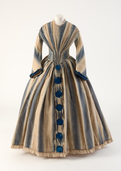 Light brown and blue striped wool gauze dress with blue pom-poms, 1840s by Unbekannt Unbekannt